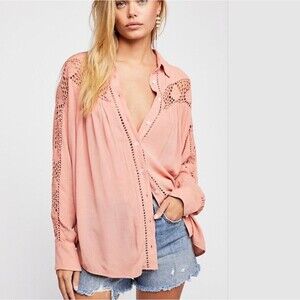 Free People Katie Bird Button Up Shirt Longsleeve Crochet Lace Pink Sz S Western